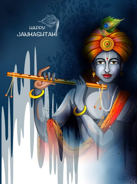 Señor Krishna tocando la flauta en feliz fiesta Janmashtami Festival indio saludo fondo — Archivo Imágenes Vectoriales