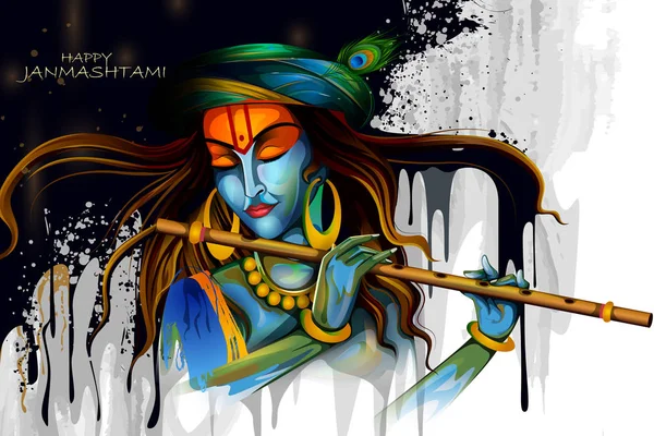 Señor Krishna tocando la flauta en feliz fiesta Janmashtami Festival indio saludo fondo — Vector de stock