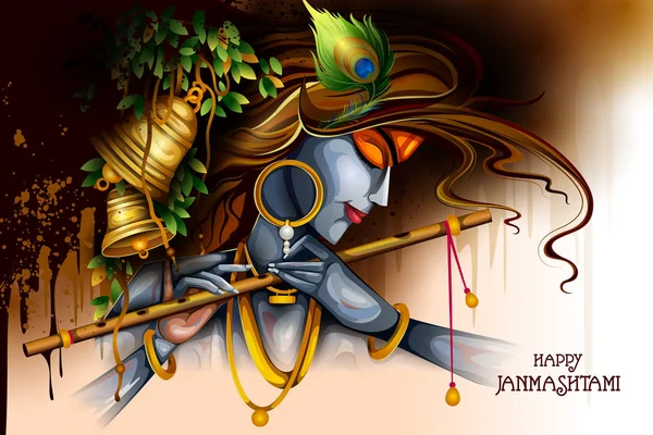 Ο Λόρδος Krishna παίζει φλάουτο στο Happy Janmashtami διακοπών Ινδικό Φεστιβάλ χαιρετισμό φόντο — Διανυσματικό Αρχείο