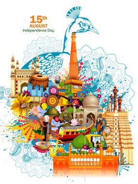 Monument and Landmark of India on Indian Independence Day celebration background clipart