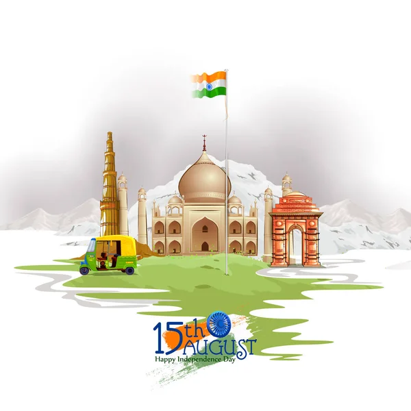 Monument and Landmark of India on Indian Independence Day celebration background — Stock Vector