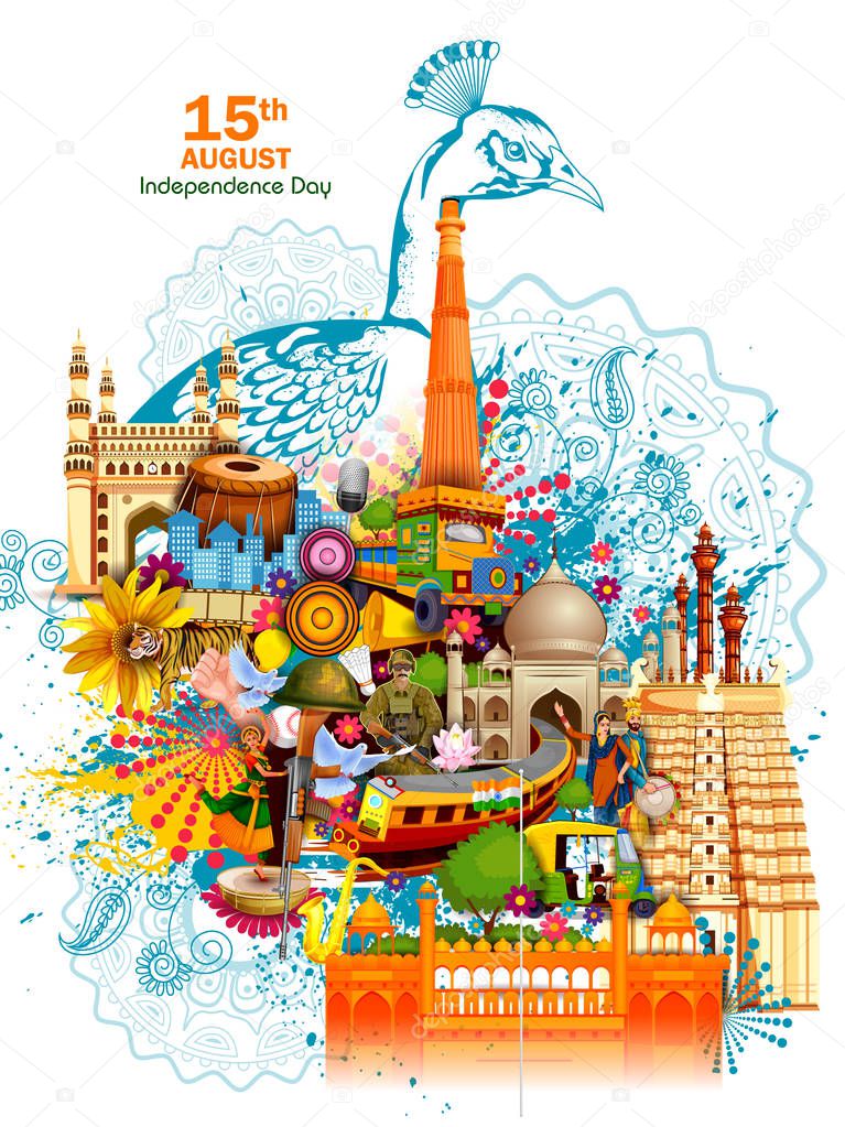 Monument and Landmark of India on Indian Independence Day celebration background