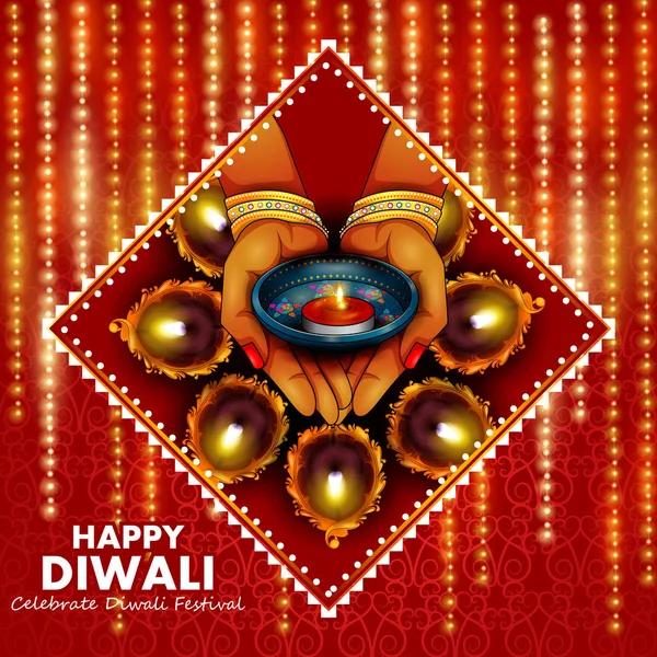 Ilustración de dama sosteniendo decorado diya para feliz Diwali fondo de vacaciones — Vector de stock