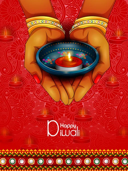 Illustration de dame tenant décoré diya pour Happy Diwali fond de vacances — Image vectorielle