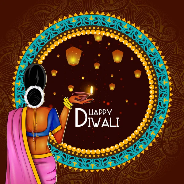 Illustration der Dame hält dekorierte Diya für glückliche Diwali Urlaub Hintergrund — Stockvektor