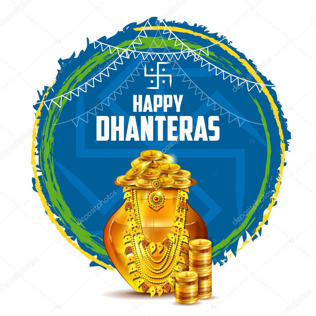 Illustration of decorated Happy Dhanteras Diwali holiday background