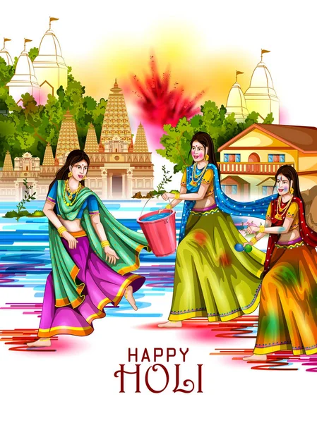 Векторная иллюстрация индийцев, играющих на ярком фоне Happy Hoil для фестиваля цветов в Индии — стоковый вектор