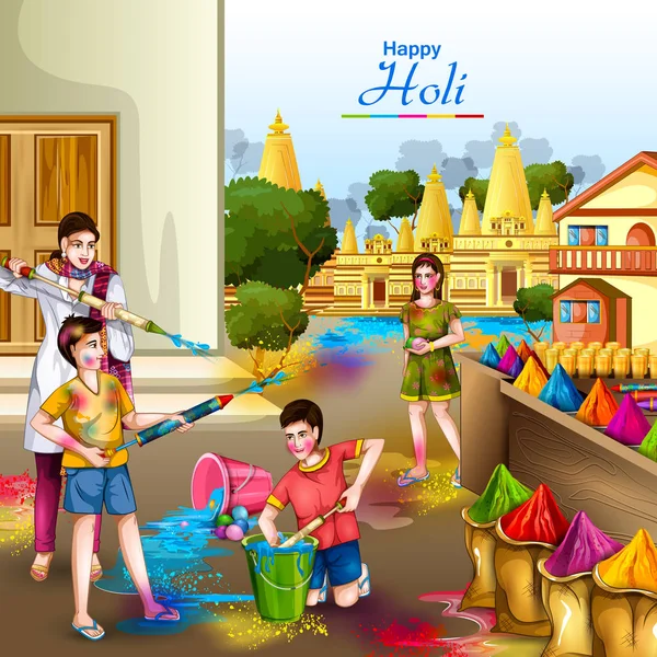 Ilustração vetorial de indianos jogando fundo colorido Happy Hoil para festival de cores na Índia — Vetor de Stock