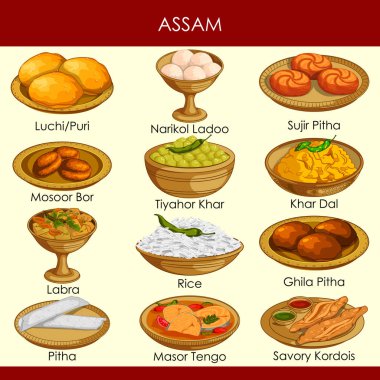 resimde Assam Hindistan'ın lezzetli geleneksel yemekler