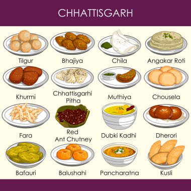 resimde Chhattisgarh Hindistan'ın lezzetli geleneksel yemekler