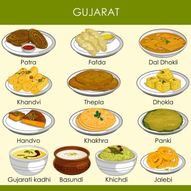 resimde Gujarat Hindistan'ın lezzetli geleneksel yemekler