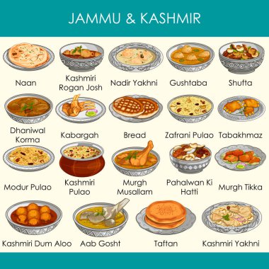 Jammu ve Keşmir Hindistan'ın lezzetli geleneksel gıda çizimi