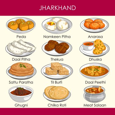 resimde Jharkhand Hindistan'ın lezzetli geleneksel yemekler