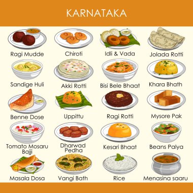 resimde Karnataka Hindistan'ın lezzetli geleneksel yemekler