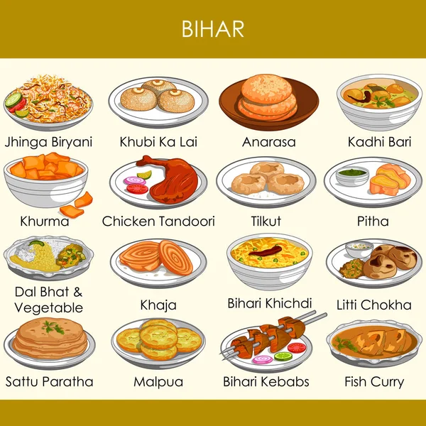 Ilustración de la deliciosa comida tradicional de Bihar India — Vector de stock