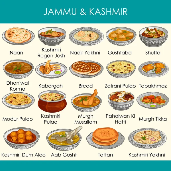 Illustratie van heerlijke traditionele gerechten van Jammu en Kasjmir-India — Stockvector
