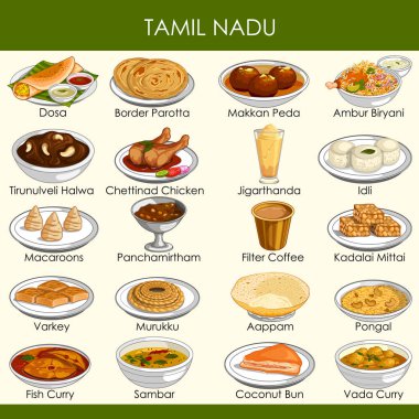 resimde Tamil Nadu Hindistan'ın lezzetli geleneksel yemekler