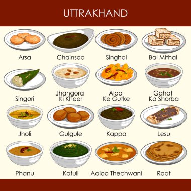 resimde Uttarakhand Hindistan'ın lezzetli geleneksel yemekler