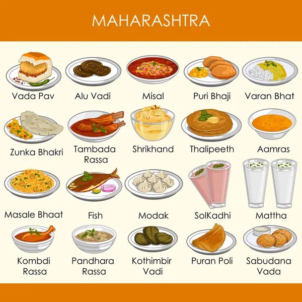 Ilustração de deliciosa comida tradicional de Maharashtra Índia — Vetor de Stock