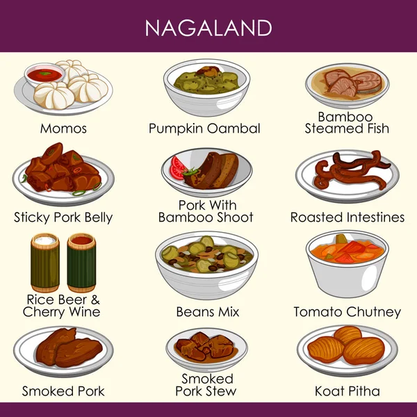 Ilustración de deliciosa comida tradicional de Nagaland India — Archivo Imágenes Vectoriales