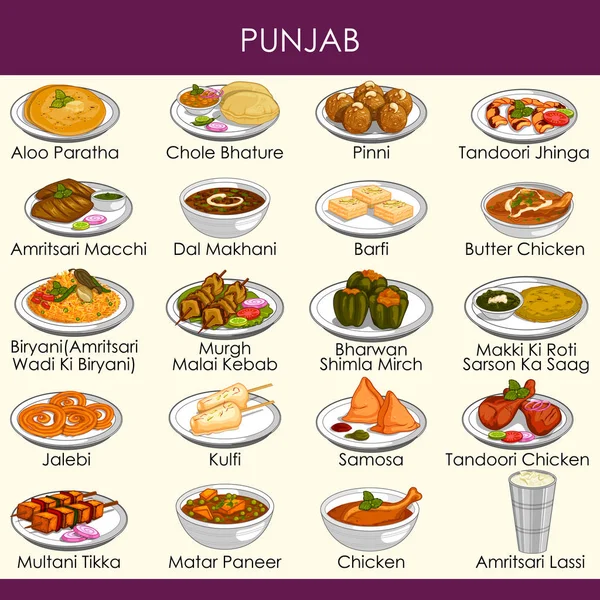 Illustration de délicieux plats traditionnels du Pendjab Inde — Image vectorielle