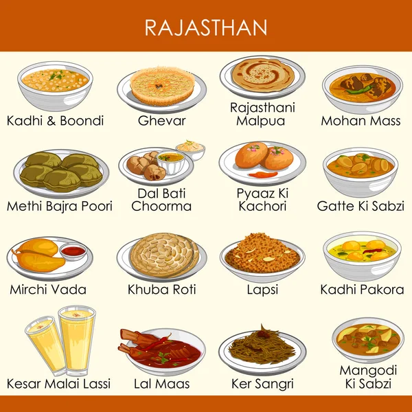 Ízletes hagyományos ételeket, az indiai Rajasthan illusztrációja — Stock Vector