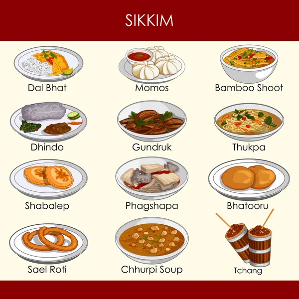 Ilustración de la deliciosa comida tradicional de Sikkim India — Archivo Imágenes Vectoriales