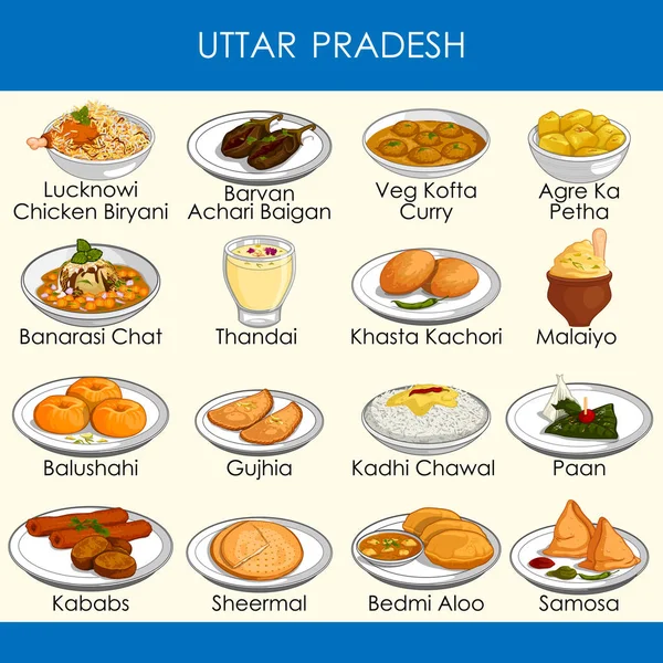 Ilustración de la deliciosa comida tradicional de Uttar Pradesh India — Vector de stock