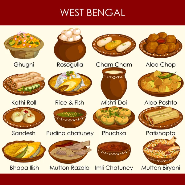 Illusztráció: ízletes hagyományos ételeket, Nyugat-Bengál, India — Stock Vector