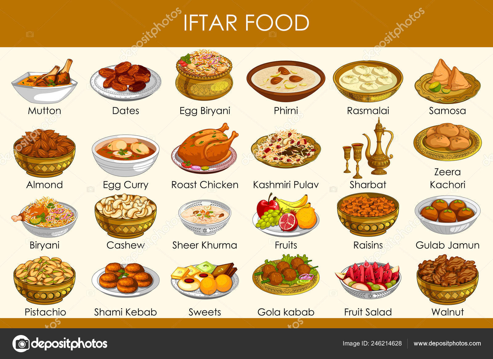 Vector illustration of different delicious food for Ramadan Iftar