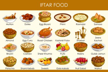 farklı lezzetli yemekleri Ramazan Iftar yemeği için vektör çizim