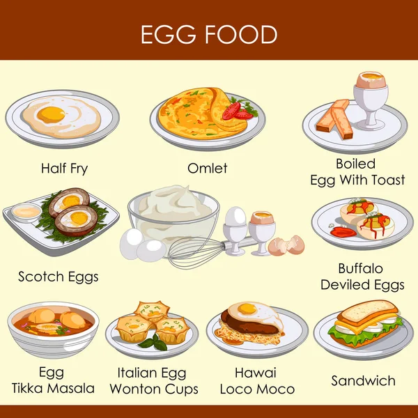 Ilustracja wektorowa różne odmiany żywności wykonane z jaj — Wektor stockowy