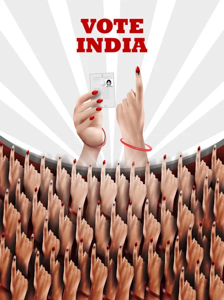 Bandeira de cartaz mostrar mão do povo indiano para a campanha eleitoral e votação da Índia — Vetor de Stock