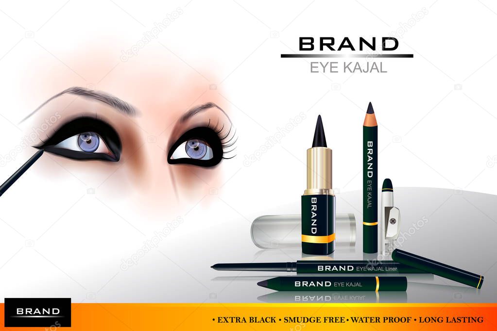 Advertisement promotion banner for trendy dark smudge and waterproof eye liner Kajal fashion