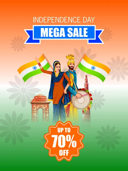 Feliz Día de la Independencia de la India fondo tricolor para 15 Agosto Gran Libertad venta banner de promoción — Vector de stock