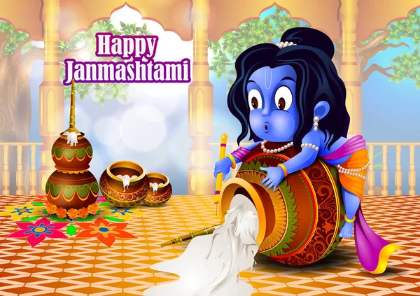 Señor Krishna comiendo crema makhan en feliz fiesta Janmashtami festival indio saludo fondo — Vector de stock