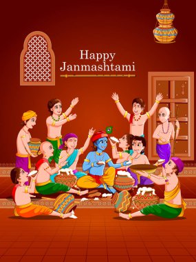 Lord Krishna arka plan tebrik Hint festival mutlu Janmashtami tatil makhan krem yeme