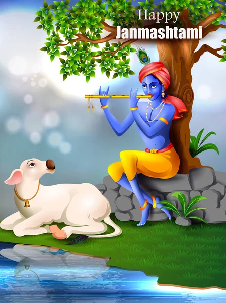 Lord Krishna eszik makhan krém, a boldog Janmashtami holiday indiai fesztivál üdvözlés háttér — Stock Vector