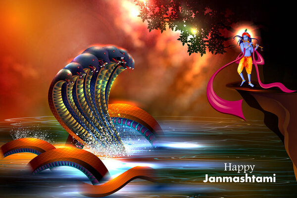 Lord Krishna eating makhan cream on Happy Janmashtami holiday Indian festival greeting background