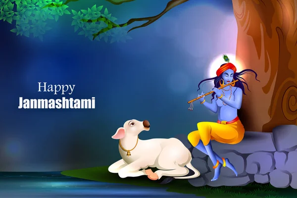 Señor Krishna comiendo crema makhan en feliz fiesta Janmashtami festival indio saludo fondo — Vector de stock