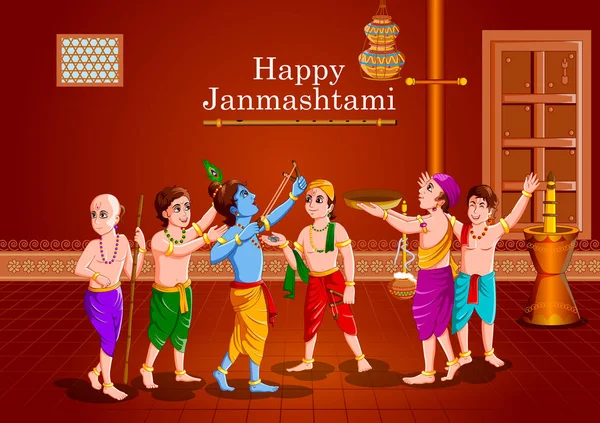 Pan Kryszna jedzenie krem makhan na szczęśliwy Janmashtami święto święto Indian pozdrowienie tła — Wektor stockowy
