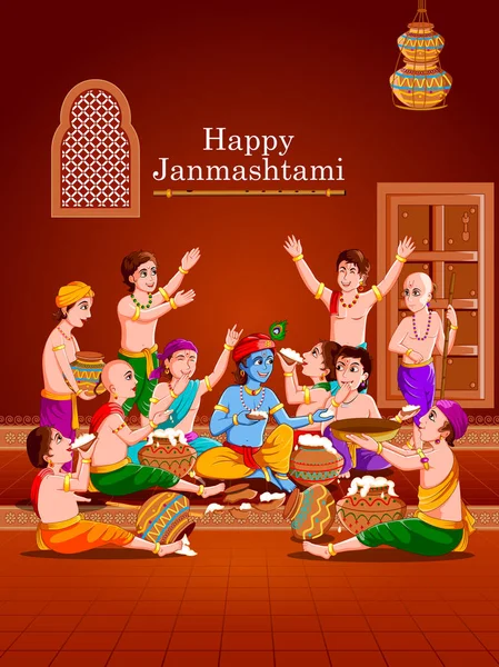 Lord Krishna arka plan tebrik Hint festival mutlu Janmashtami tatil makhan krem yeme — Stok Vektör