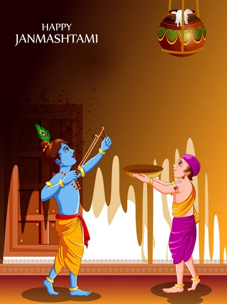 Lord Krishna eating makhan cream on Happy Janmashtami holiday Indian festival greeting background — Stock Vector