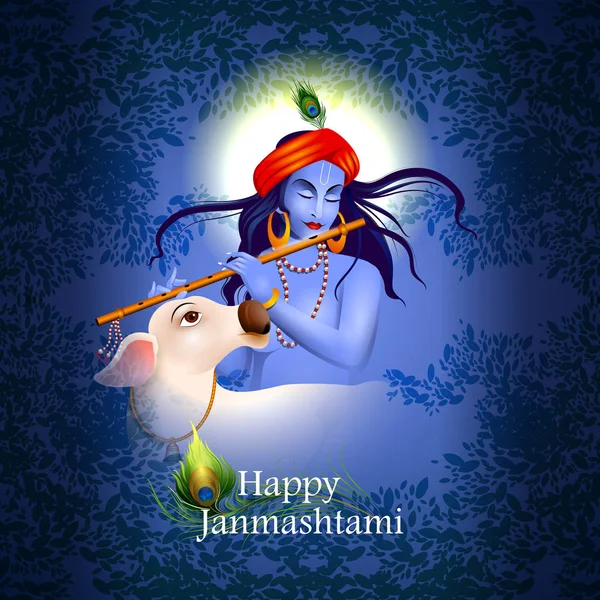 Lord Krishna comendo creme makhan no feliz feriado Janmashtami indiana festival saudação fundo —  Vetores de Stock