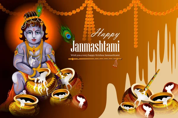 Lord Krishna comendo creme makhan no feliz feriado Janmashtami indiana festival saudação fundo —  Vetores de Stock