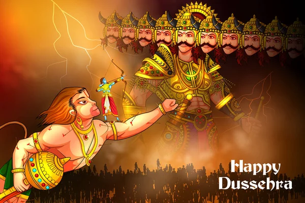 Rama matando a Ravana con masaje hindi que significa Feliz Dussehra fondo mostrando el festival de la India — Vector de stock