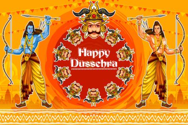 Rama 'nın Ravana' yı Hintçe masajla öldürmesi Mutlu Dussehra arkaplanı Hindistan festivalini gösteriyor.