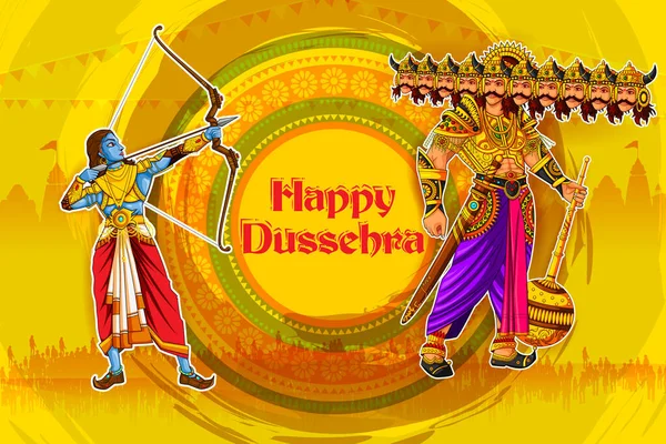 Rama matando Ravana com massagem hindi significando fundo Happy Dussehra mostrando festival da Índia —  Vetores de Stock