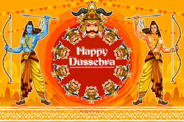 Rama matando a Ravana con masaje hindi que significa Feliz Dussehra fondo mostrando el festival de la India — Vector de stock