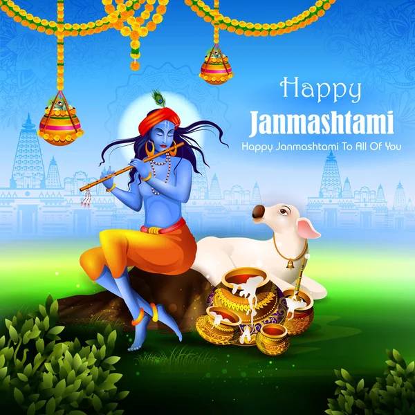 Mutlu Krishna Janmashtami Festivali Hindistan 'ın Arkaplanı — Stok Vektör